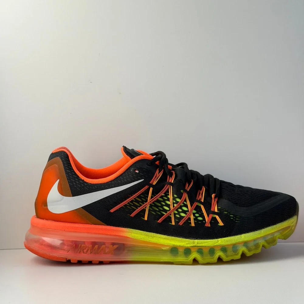 Nike Air Max 2015 Mens 12 Black Orange Volt Cushion Running Shoes Flywire Gym